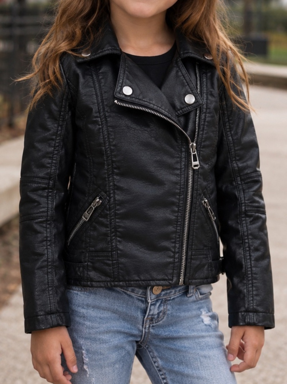 Girl's Black Faux Leather Moto Jacket with Asymmetrical Zip